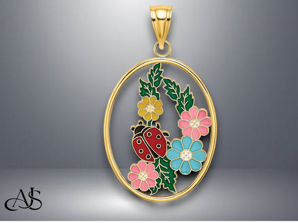14K Yellow Gold Enamel in Oval Frame Charm with Necklace Chain Options