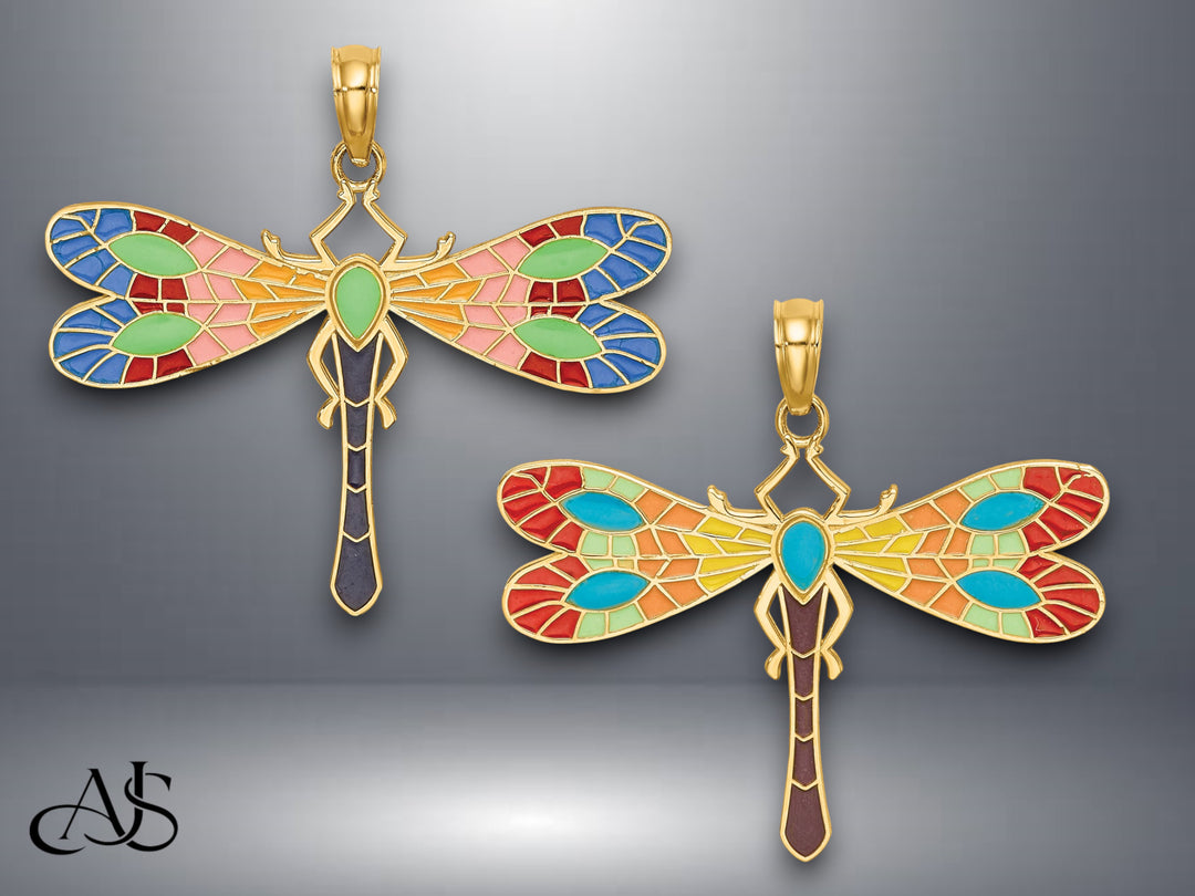 14K Yellow Gold Multi Color Enamel Dragonfly Charm with Necklace Chain Options