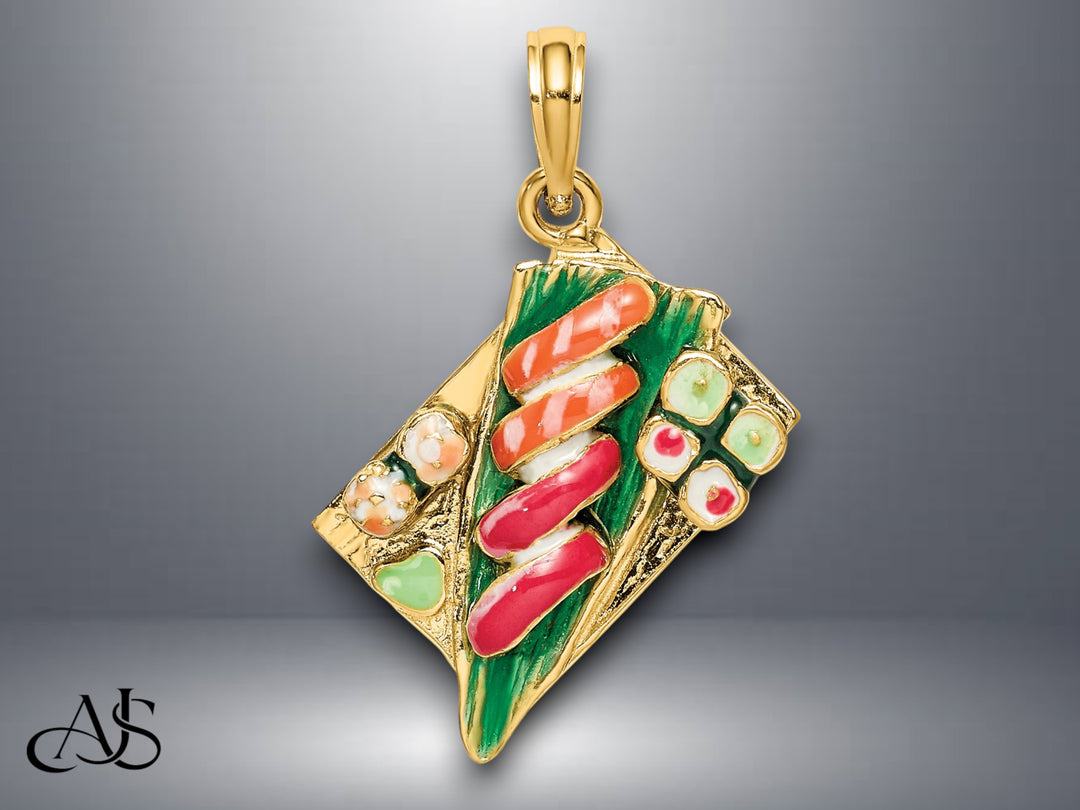 14K Yellow Gold 3-D Sushi Plate with Enamel Charm with Necklace Chain Options