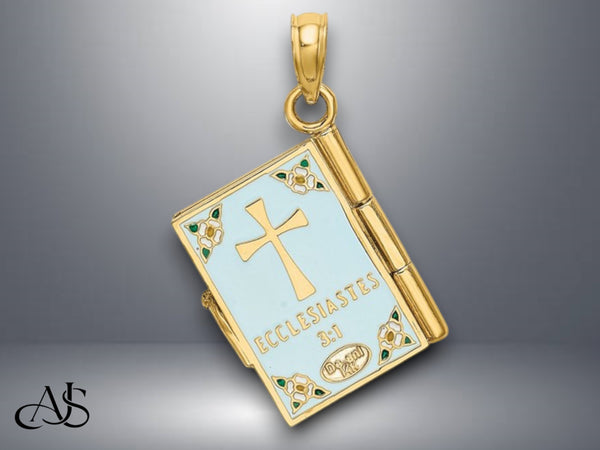 14K Yellow Gold 3-D Enamel Ecclesiastes Book with Moveable Pages Charm with Necklace Chain Options