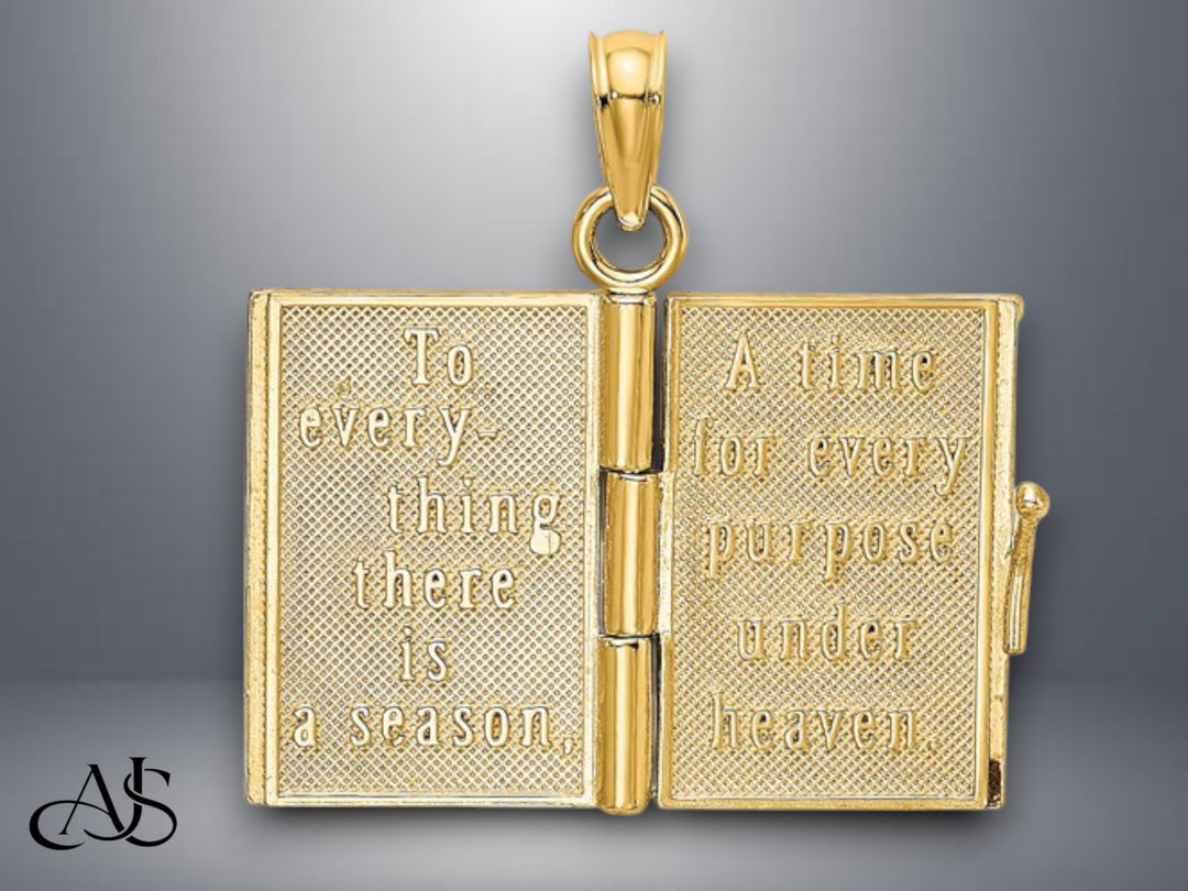 14K Yellow Gold 3-D Enamel Ecclesiastes Book with Moveable Pages Charm with Necklace Chain Options