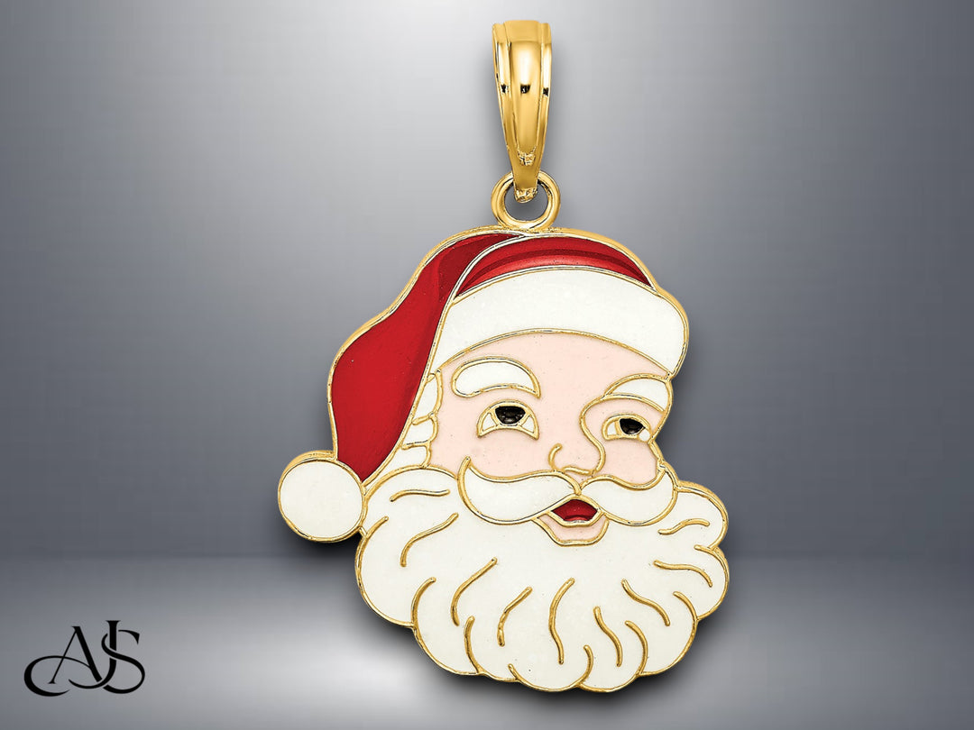 14K Yellow Gold Enamel Santa Face Charm with Necklace Chain Options