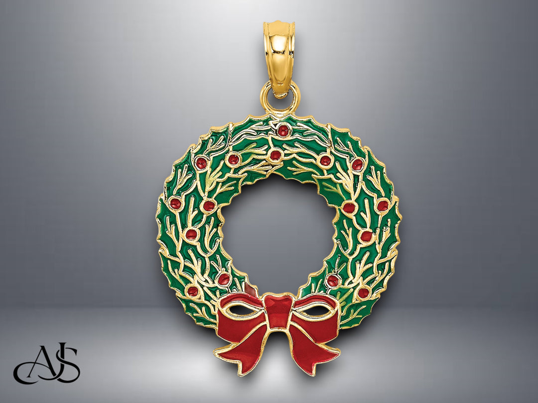 14K Yellow Gold Enamel CHRISTMAS WREATH Charm with Necklace Chain Options