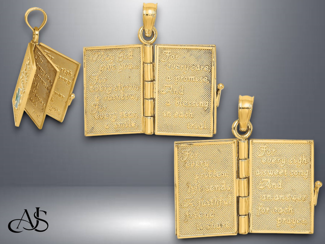 14K Yellow Gold 3-D Moveable Enameled AN IRISH PRAYER Book w/Clover Charm with Necklace Chain Options