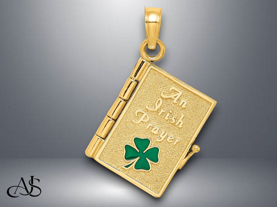14K Yellow Gold 3-D Moveable Enameled AN IRISH PRAYER Book w/Clover Charm with Necklace Chain Options