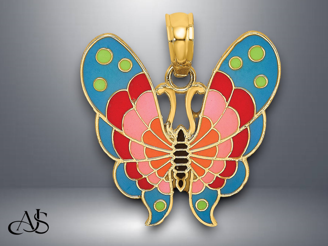 14K Yellow Gold with Multi-Color Enamel Butterfly Charm with Necklace Chain Options