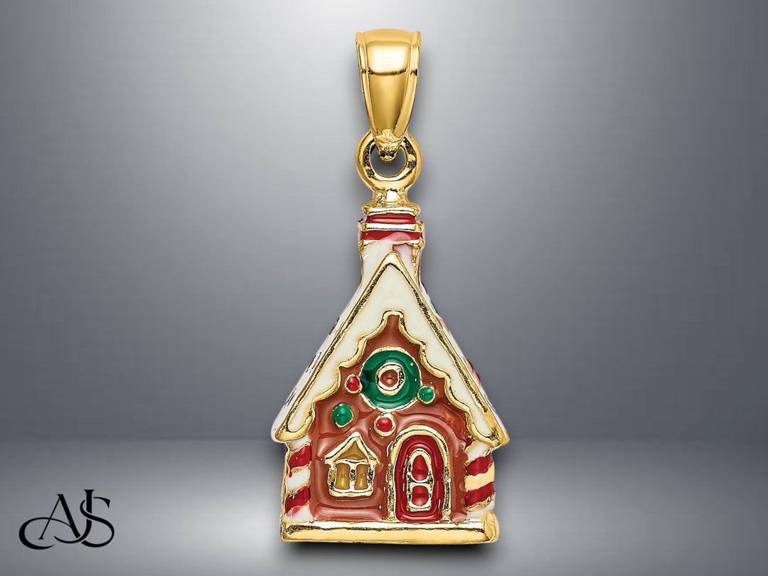 14K Yellow Gold 3-D Enamel Gingerbread House Charm with Necklace Chain Options