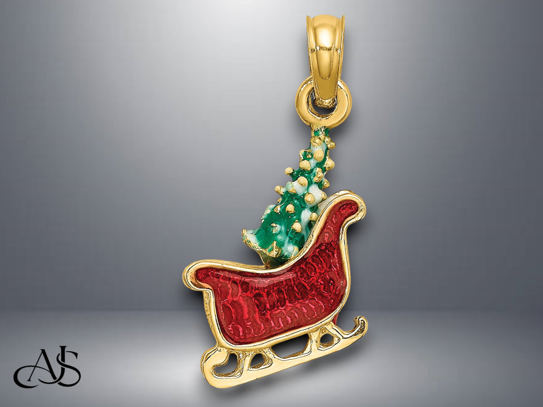 14K Yellow Gold 3-D Enamel Sleigh w/Christmas Tree Charm with Necklace Chain Options