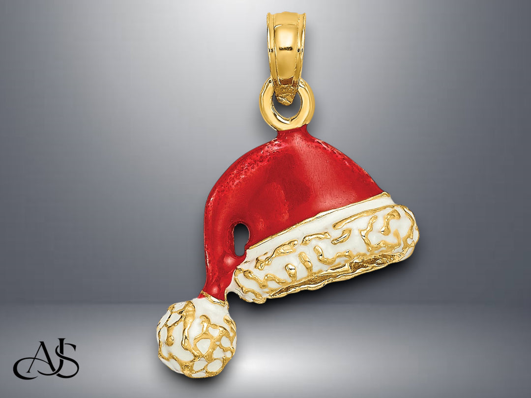 14K Yellow Gold 3-D w/ Red and White Enamel Santa Hat Charm with Necklace Chain Options