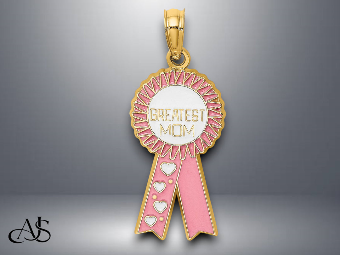 14K Yellow Gold Enamel GREATEST MOM Pink RIBBON Charm with Necklace Chain Options