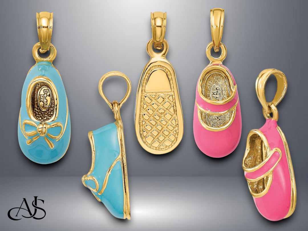 14K Yellow Gold 3-D Enamel Blue or Pink Baby Shoe with Bow Charm with Necklace Chain Options
