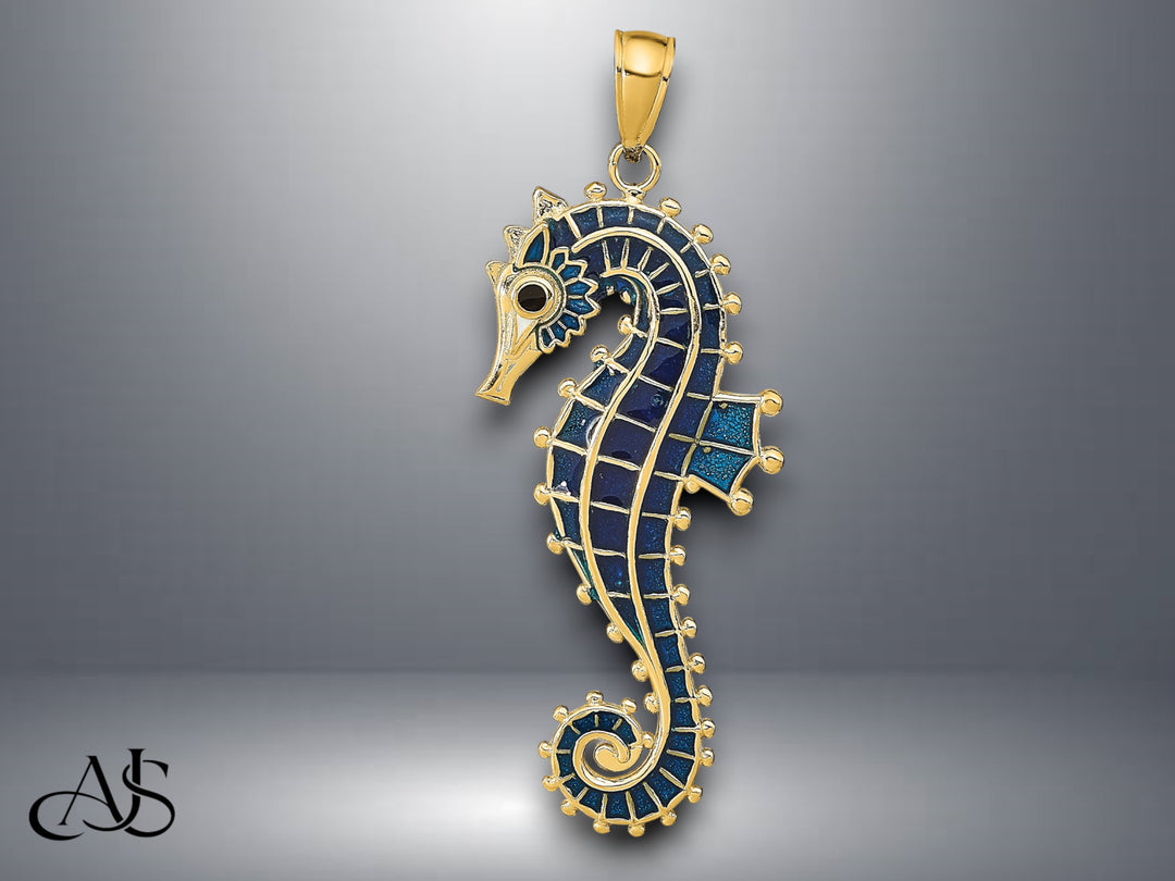 14K Yellow Gold 3D Enameled Seahorse Pendant with Necklace Chain Options