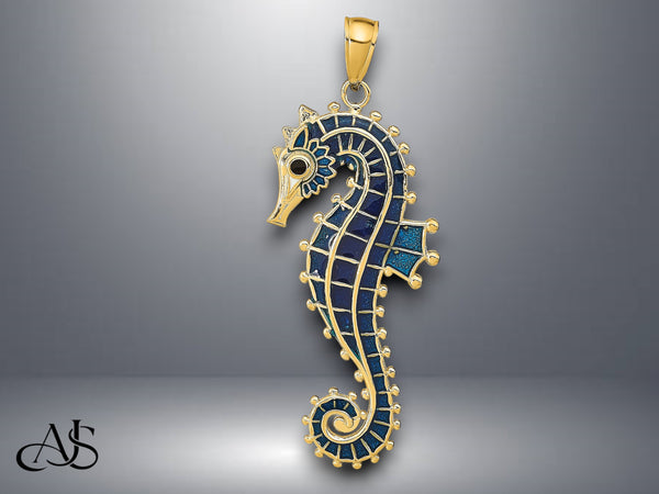 14K Yellow Gold 3D Enameled Seahorse Pendant with Necklace Chain Options