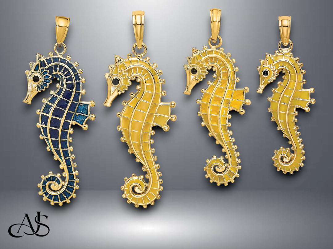 14K Yellow Gold 3D Enameled Seahorse Pendant with Necklace Chain Options