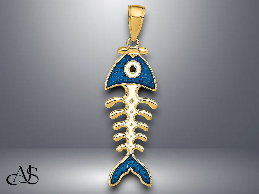 14K Yellow Gold 3D Blue or Green Enamel Fish Bone Charm with Necklace Chain Options