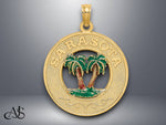 Load image into Gallery viewer, 14K Yellow Gold Enamel SARASOTA Circle Palm Tree Charm with Necklace Chain Options

