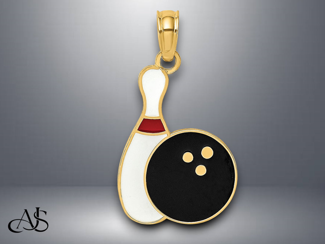 14K Yellow Gold Enamel Bowling Ball and Pin Charm with Necklace Chain Options
