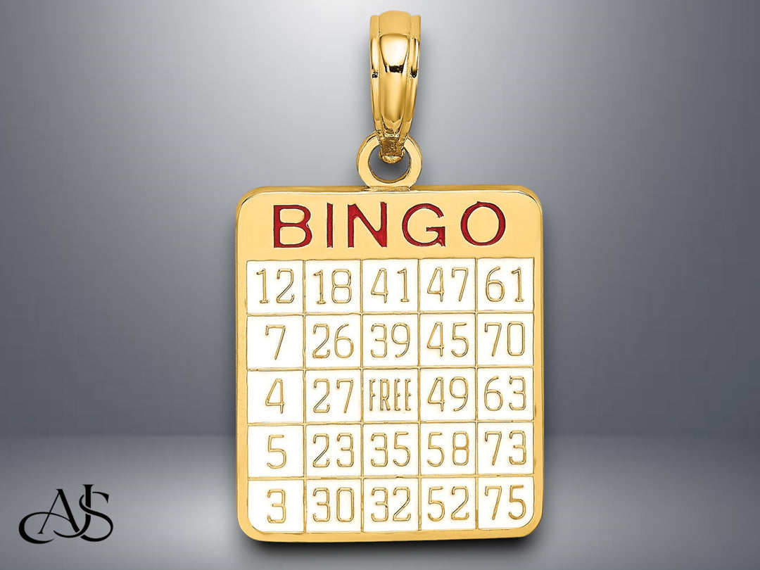 14K Yellow Gold Enamel Bingo Card Charm with Necklace Chain Options