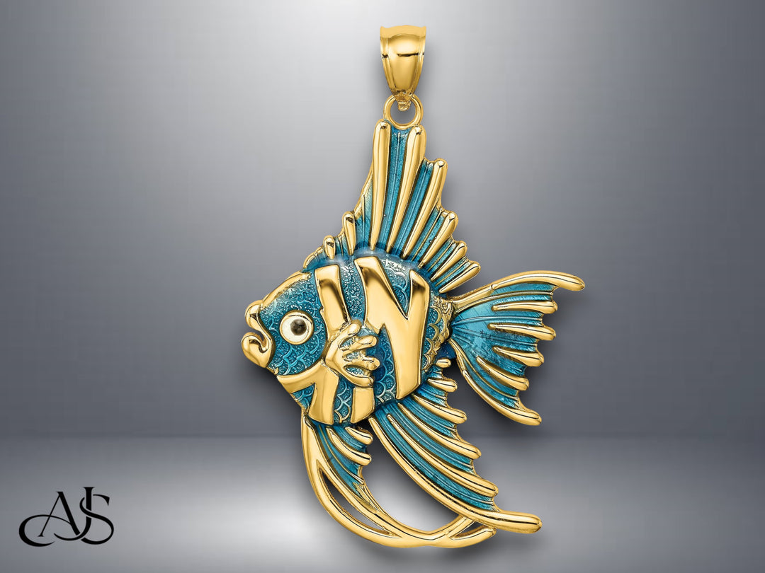 14K Yellow Gold Blue Enamel ANGELFISH Charm with Necklace Chain Options