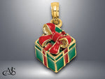 Load image into Gallery viewer, 14K Yellow Gold 3-D Enamel Green Gift Box with Red Bow Charm with Necklace Chain Options
