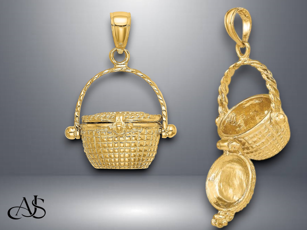 14K Yellow Gold 3-D Moveable Nantucket Basket Charm with Necklace Chain Options