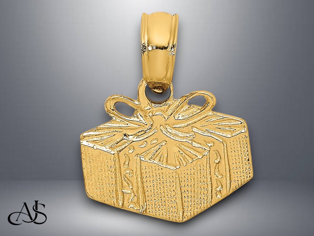14K Yellow Gold Wrapped Gift Box Charm with Necklace Chain Options