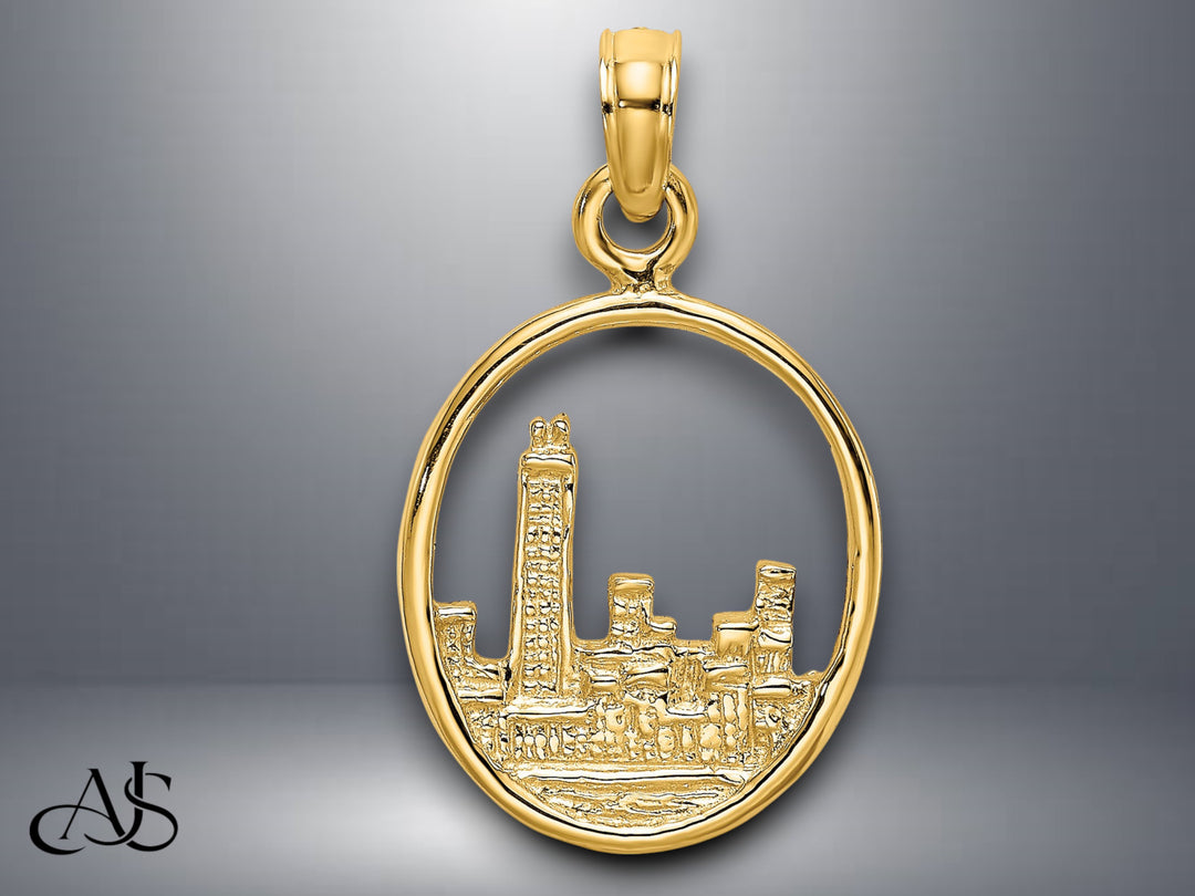 14K Yellow Gold Chicago Skyline In Circle Frame Charm with Necklace Chain Options