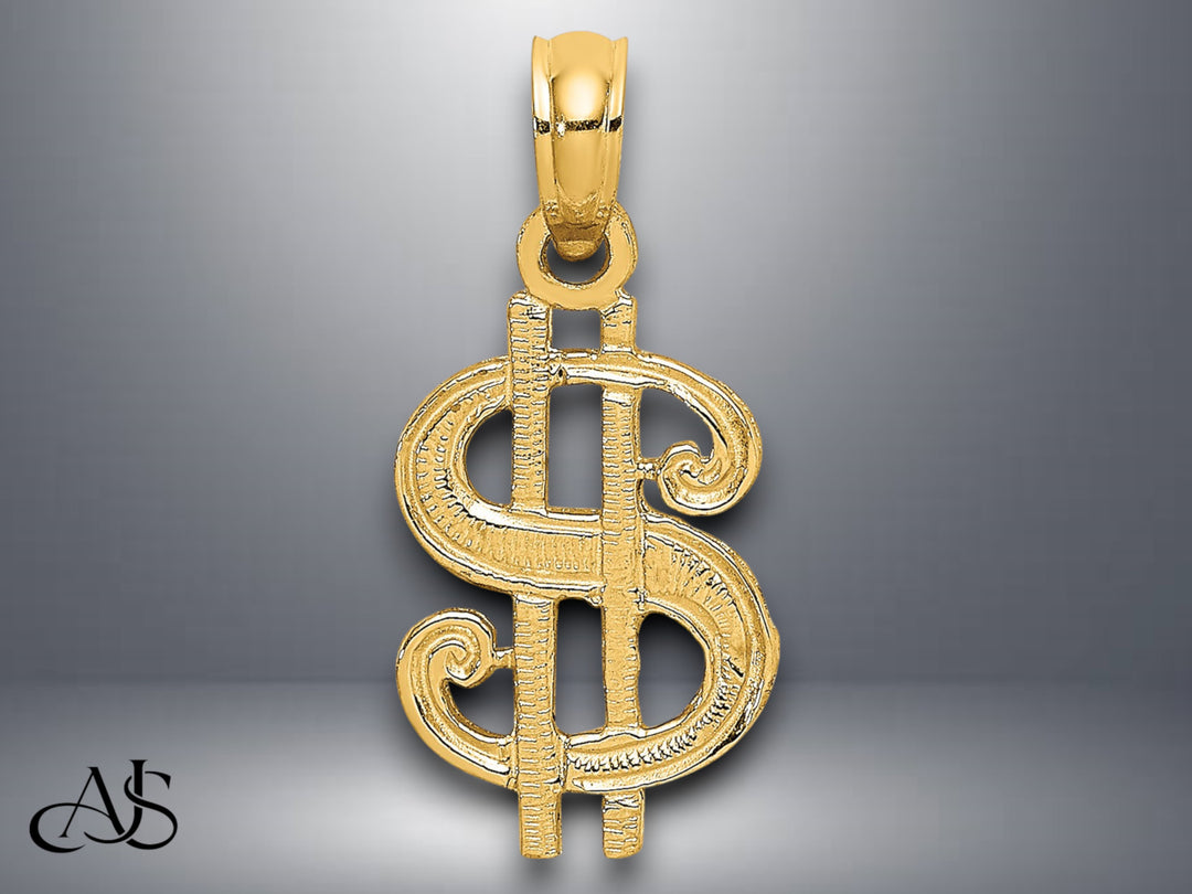 14K Yellow Gold Dollar Sign Charm with Necklace Chain Options