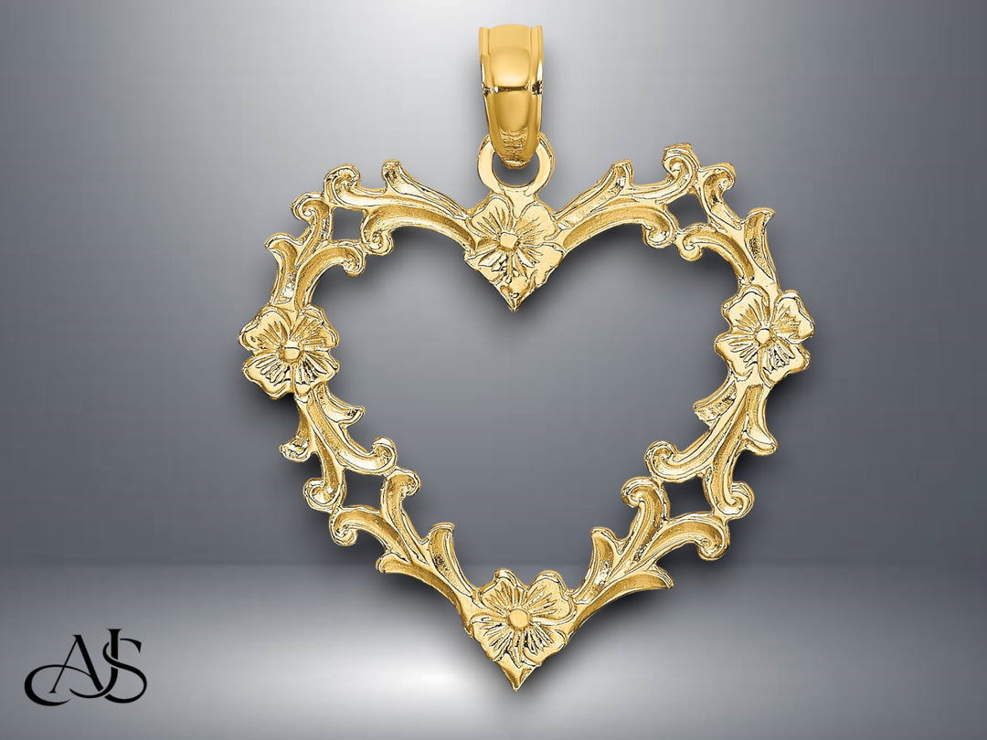 14K Yellow Gold Cut-Out Floral Heart Charm with Necklace Chain Options