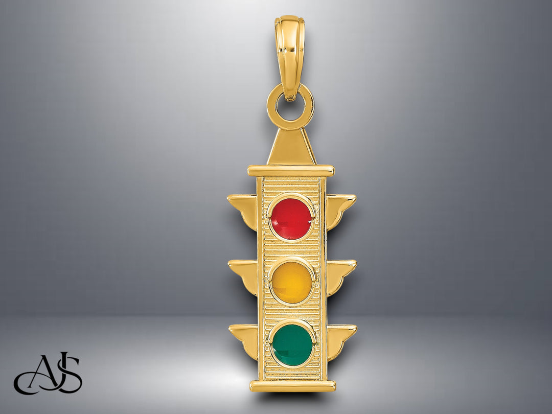 14K Yellow Gold Red, Yellow, Green Enamel Traffic Signal Charm with Necklace Chain Options