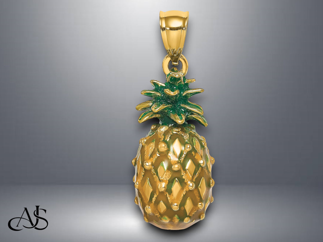 14K Yellow Gold Enamel and Polished 3-D Pineapple Charm with Necklace Chain Options