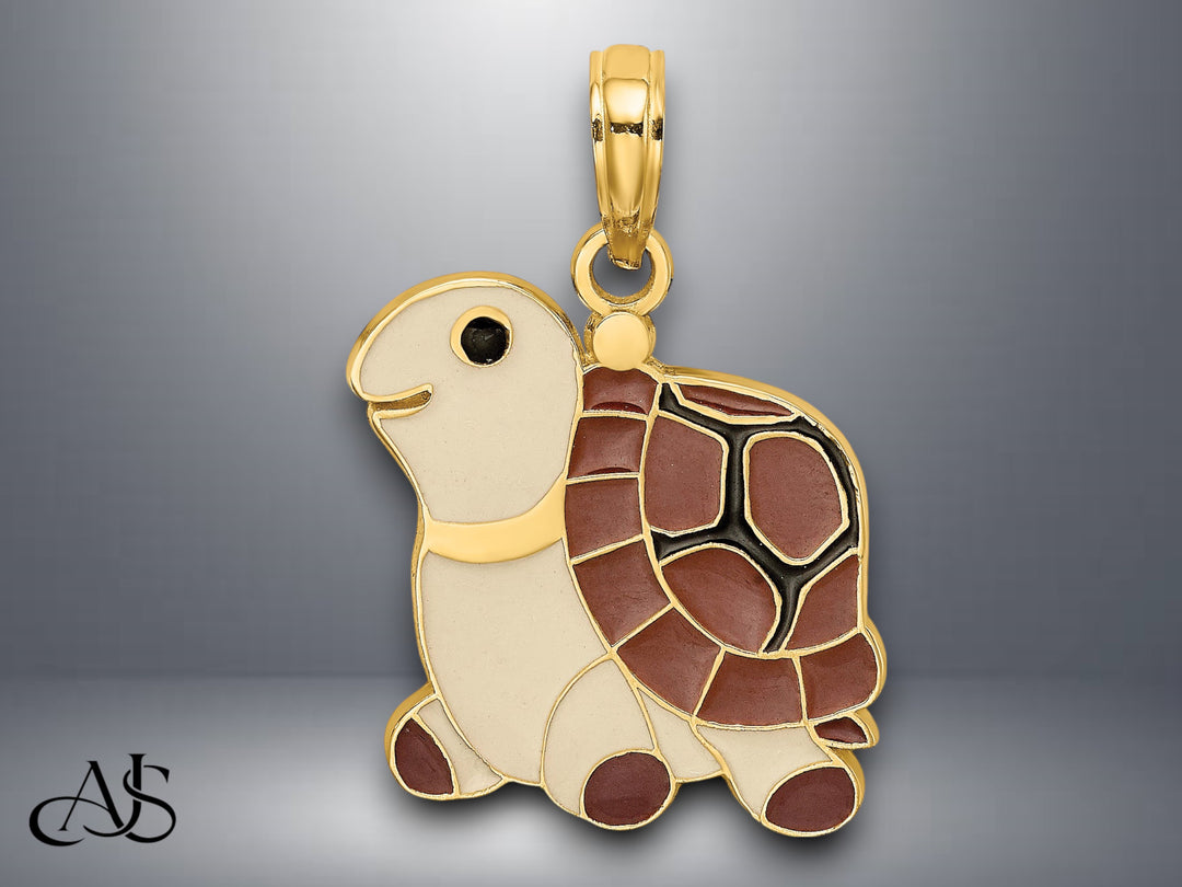 14K Yellow Gold Brown, Tan and Black Enamel Turtle Charm with Necklace Chain Options