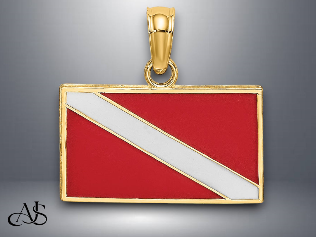 14K Yellow Gold Dive Flag W/Red & White Enamel Charm with Necklace Chain Options