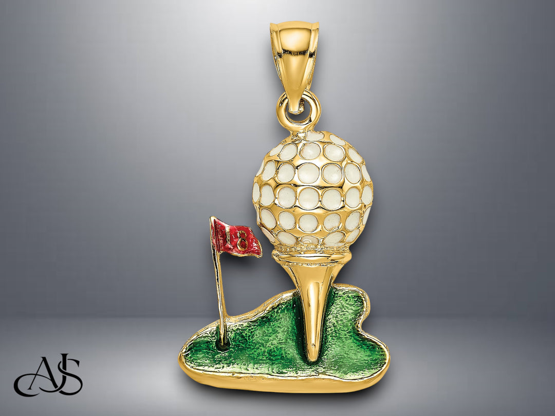 14K Yellow Gold Enamel and 2-D Golf Ball Charm with Necklace Chain Options