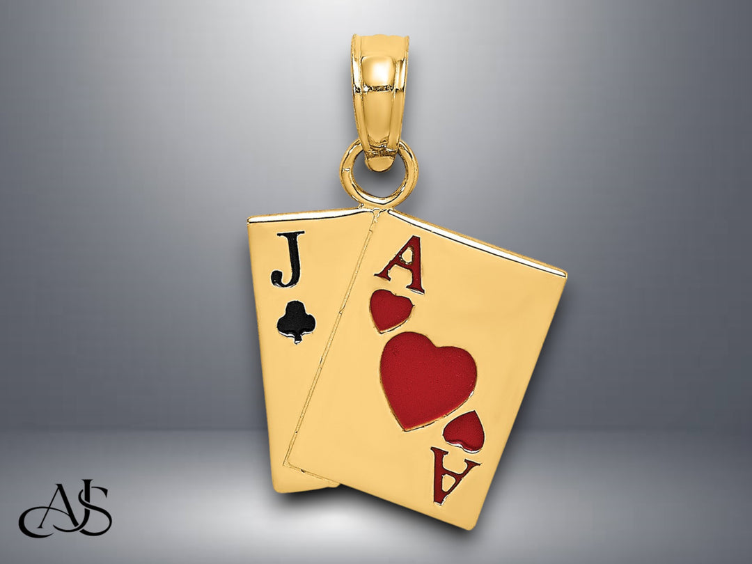 14K Yellow Gold Enamel Jack of Clubs and Ace of Hearts Cards Charm with Necklace Chain Options