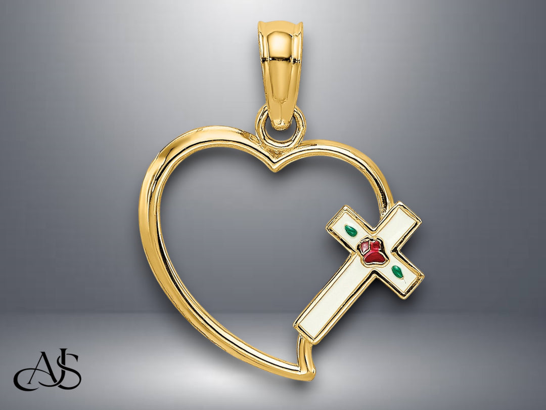 14K Yellow Gold Enamel Cross and Heart Charm with Necklace Chain Options