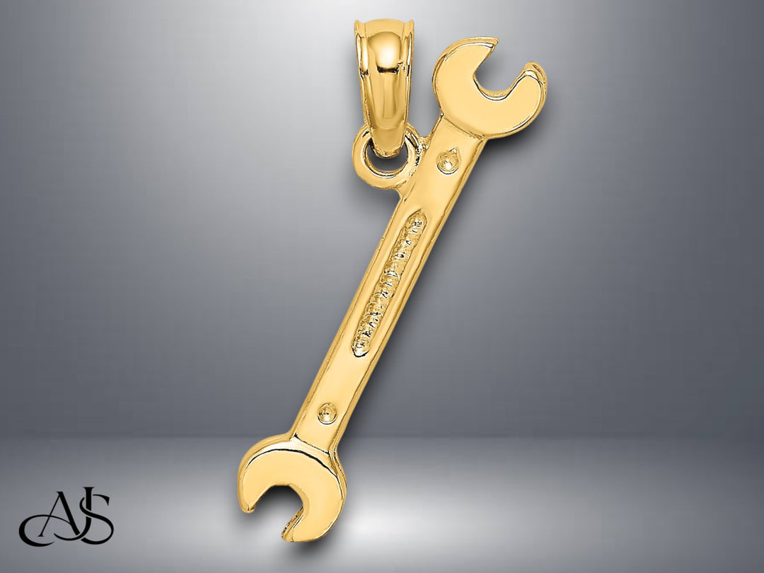 14K Yellow Gold 3-D Double Open-Ended Wrench Charm with Necklace Chain Options