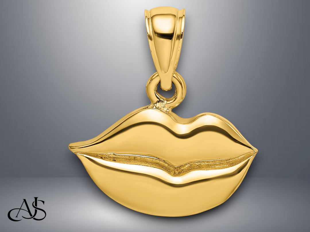 14K Yellow Gold 2-D Polished Lips Charm with Necklace Chain Options