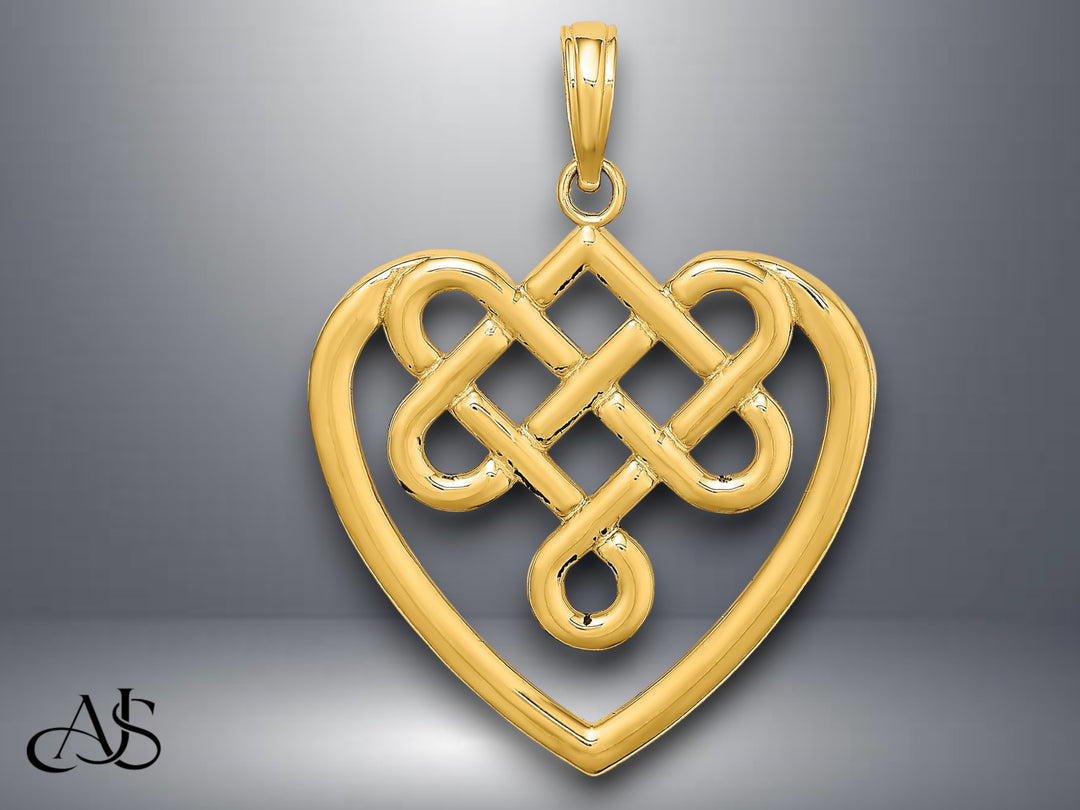 14K Yellow Gold Large Celtic Knot Heart Charm with Necklace Chain Options
