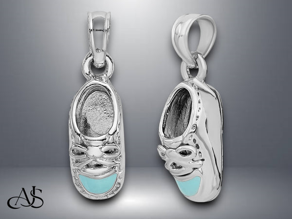 14K Yellow Gold or White Gold White Rhodium 3-D Light Blue or Pink Enamel Baby Shoe Charm with Necklace Chain Options