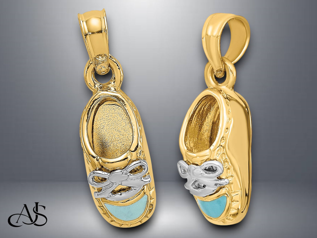 14K Yellow Gold or White Gold White Rhodium 3-D Light Blue or Pink Enamel Baby Shoe Charm with Necklace Chain Options