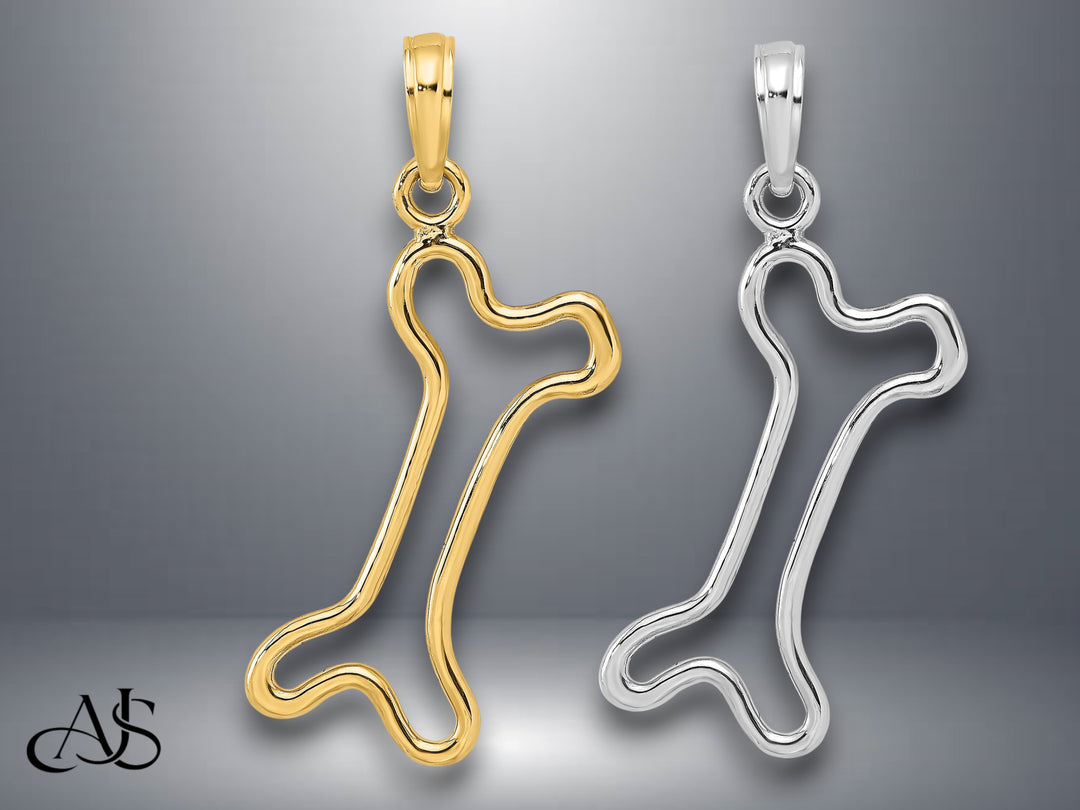 14K Yellow Gold or White Gold Cut-Out Polished Dog Bone Charm with Necklace Chain Options