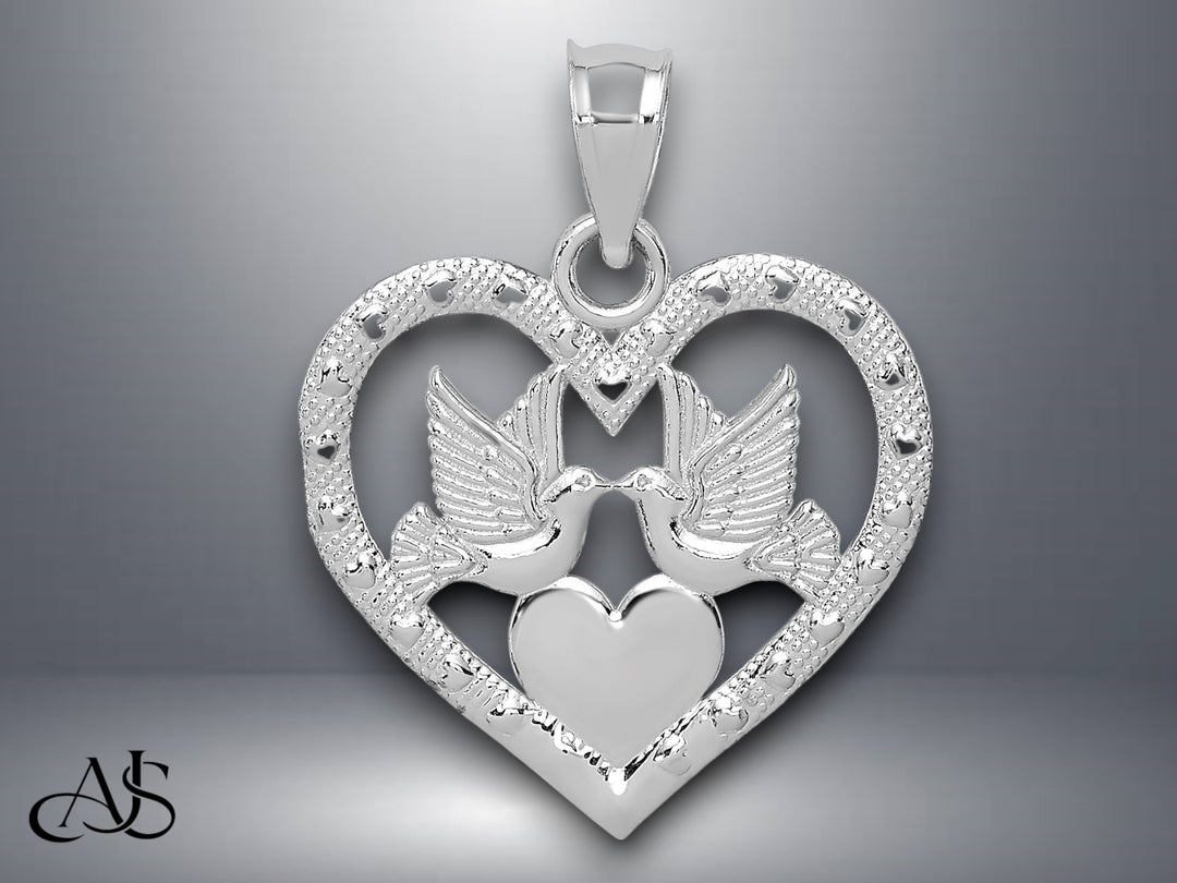 14K Yellow Gold or White Gold Doves In Heart Charm with Necklace Chain Options