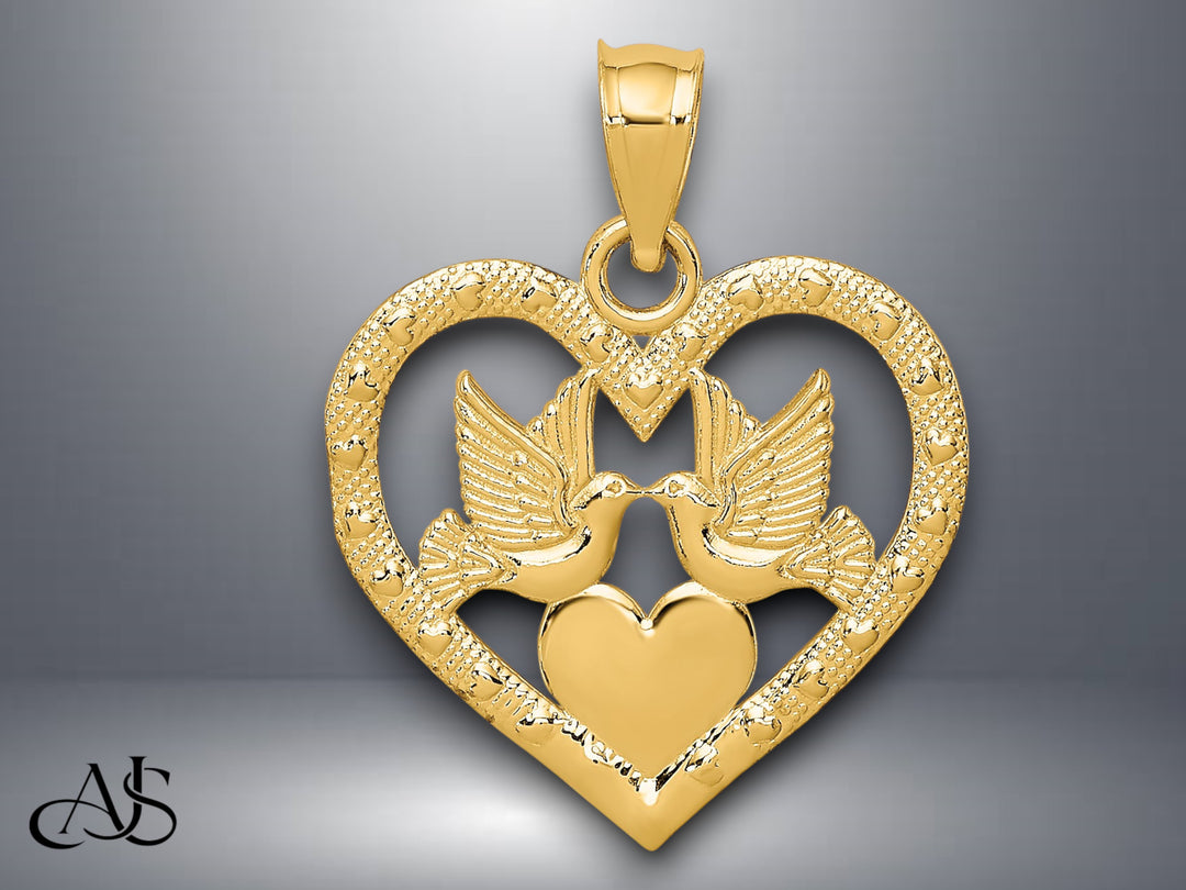 14K Yellow Gold or White Gold Doves In Heart Charm with Necklace Chain Options