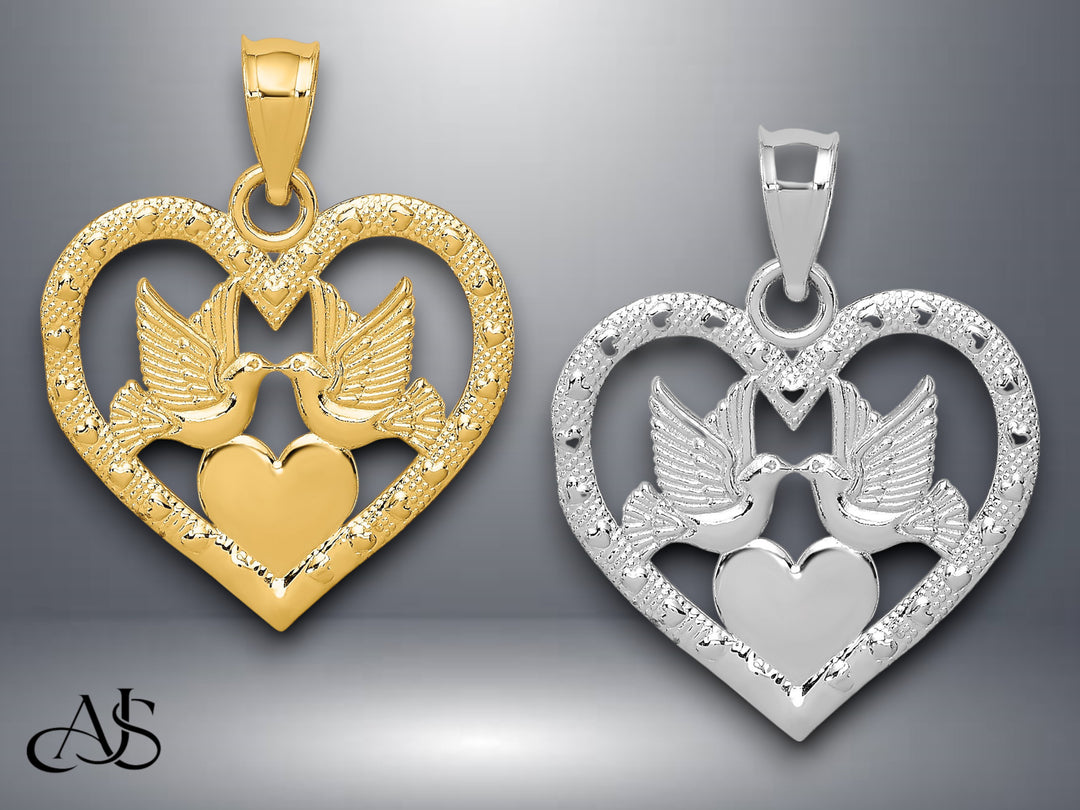 14K Yellow Gold or White Gold Doves In Heart Charm with Necklace Chain Options