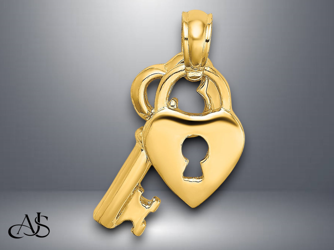 14K Yellow Gold Moveable Dangling Heart and Key Charm with Necklace Chain Options