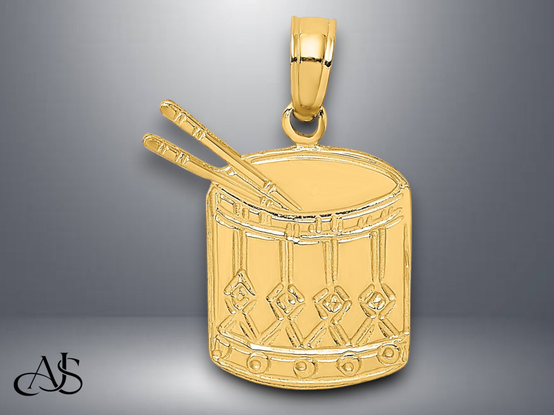 14K Yellow Gold Polished Drum and Sticks Charm with Necklace Chain Options