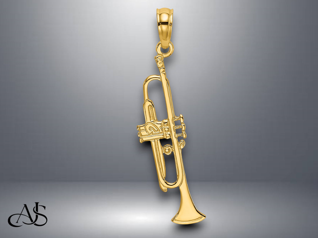14K Yellow Gold Polished Trumpet Charm with Necklace Chain Options