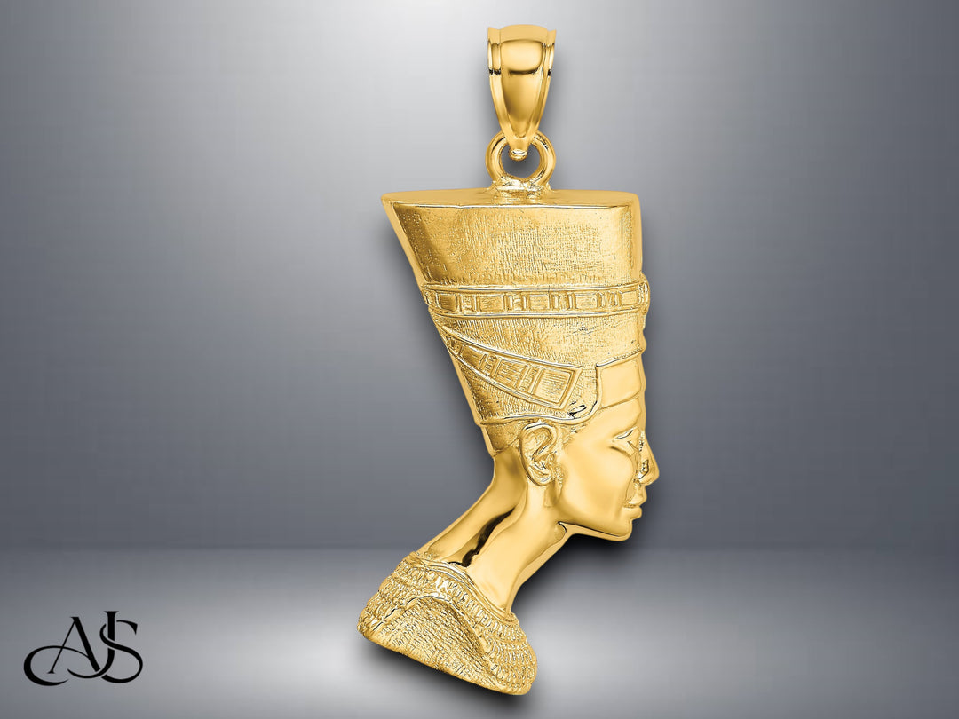 14K Yellow Gold 2-D Polished or Textured Nefertiti Profile Charm with Necklace Chain Options