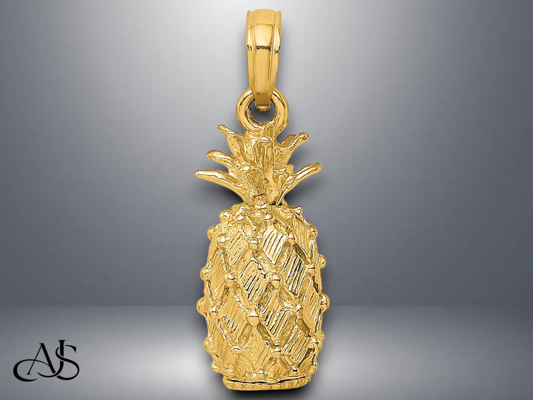 14K Yellow Gold 3-D Pineapple Charm with Necklace Chain Options